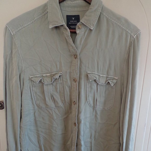 American Eagle Outfitters VINTAGE BOYFRIEND Hi-Lo Shirt S/P Sage - Picture 1 of 14